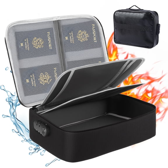 Fireproof Document Bag with Lock, Waterproof Document Organizer Case for Home Office Travel, Fire and Water Resistant Storage Bag for Money, Files, Passports, Cards, and Valuables, Black