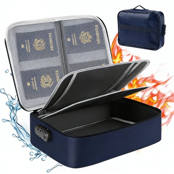 Fireproof Document Bag with Lock, Waterproof Document Organizer Case for Home Office Travel, Fire and Water Resistant Storage Bag for Money, Files, Passports, Cards, and Valuables, Blue