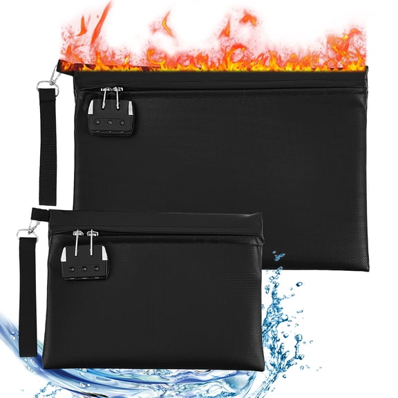 Fireproof Document Bag Waterproof Fireproof Money Bag with Combination Lock and Zipper Storage Pouch for Document, Cash, Watch, Jewelry, Passport, 13.9 x 9.8 Inch and 9.8 x 7.5 Inch(Black) 