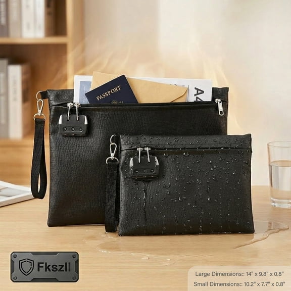 Fireproof Document Bag Waterproof Fireproof Money Bag with Combination Lock and Zipper Storage Pouch for Document, Cash, Watch, Jewelry, Passport, 13.9 x 9.8 Inch and 9.8 x 7.5 Inch(Black)