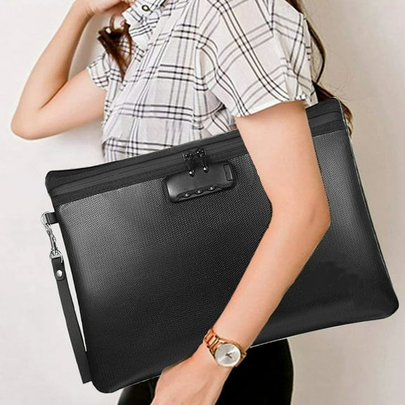 Fireproof Document Bag with Combination Lock and Zip Water-Resistant 14"x10" Black
