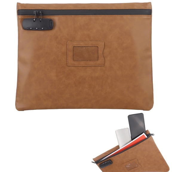Brown PU Leather Lockable Notary File Organizer, 13.39 x 10.63 Inches, with Combination Lock & Zipper Closure, for A4 Documents, Portable Business Travel