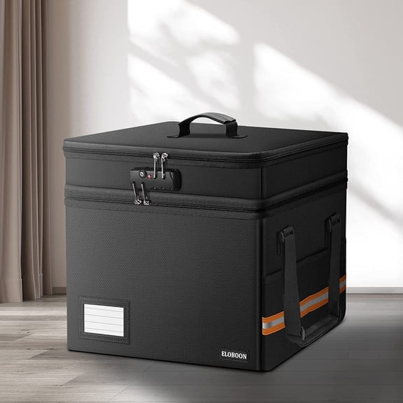 Fireproof Document Box with 13 Pockets Accordian File Organizer, Water-Resistant File Organizer Box with Lock, Collapsible File Storage Cabinet for Hanging Letter/Legal Folder, Black