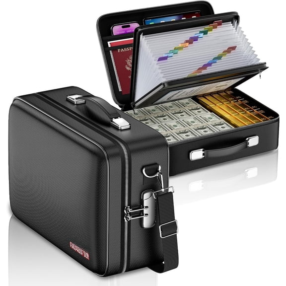 Fireproof Document Box with Fireproof Zipper,File Organizer Hard Case with Lock,Portable Document Safe for Important Document Laptop Valuables(Black,15.8"x5.9"x12.6")