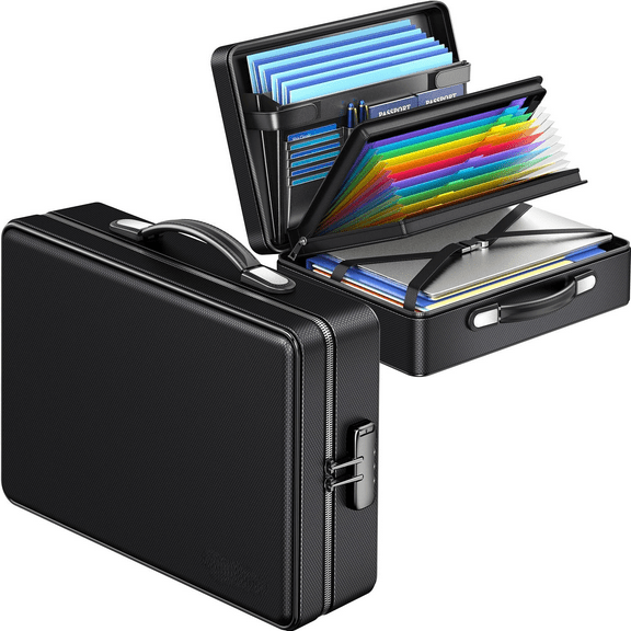 Fireproof Document Box with Fireproof Zipper, Hard Inner Shell Fireproof Document Bag with Lock, Fireproof Water Resistant Important Document Organizer 16 inch Laptop File Briefcase (Black)