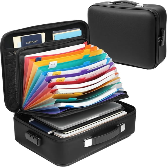 Fireproof Document Box, Hard Case Design  & Fireproof File Organizer with Lock and 13 Pocket Accordion File Folder, Portable Safe Box for Documents, Laptops, , Black