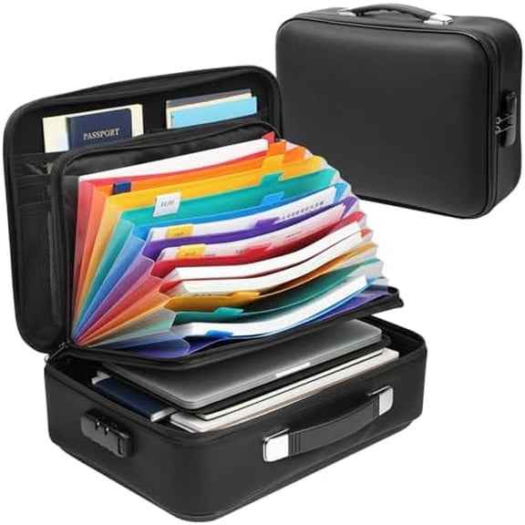 Fireproof Document Box, Hard Case Design Waterproof & Fireproof File Organizer with Lock and 13 Pocket Accordion File Folder, Portable Safe Box for Documents, Laptops, Passports, Black$$Office