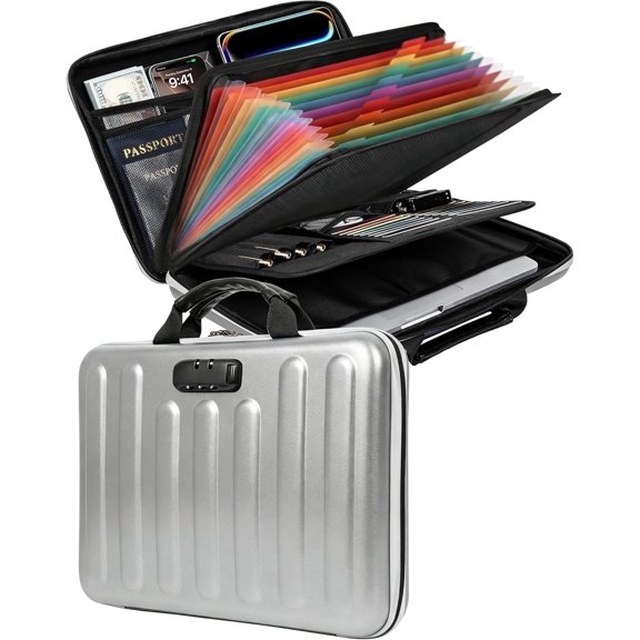 Fireproof Document Box, Hard Case Document Organizer with Lock, 13 Pockets Accordion File Folder with Reflective Strip, Waterproof Safe Box for Important Documents & Valuables Storage, Silver