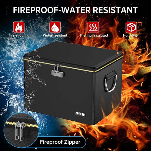 Fireproof Document Box, Hard Case File Organizer with Fireproof Zipper&Threads, Non-Foldable Filing Cabinet with Lock, Portable Office Safe Box Storage for Hanging Letter Folder, Valuables, Black