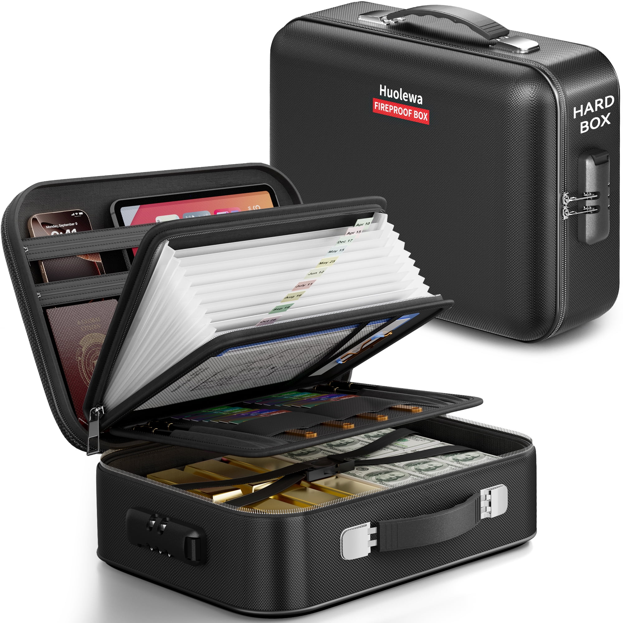 Gijjgole Fireproof Document Box, Hard Case Fireproof Box with Lock, Portable Hard-Shell Fireproof Water Resistant Document Safe Box for Important Documents, Laptops, Passports, Files and More