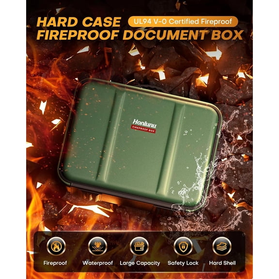 Fireproof Document Box, Hard Case Fireproof Document Organizer with Lock, Water Resistant Safe Box for Important Documents Certificates Laptop Passports, Green