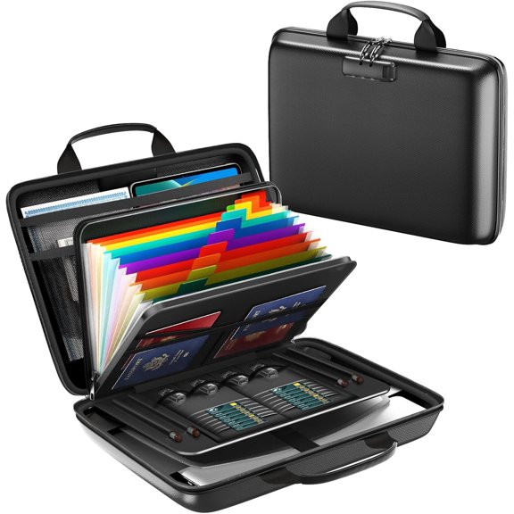 Fireproof Document Box, Hard Case Fireproof File Organizer with Lock and 13 Pocket Accordion File Folder, Portable Safe Box for Office Travel to Storage Important Documents Laptop Black