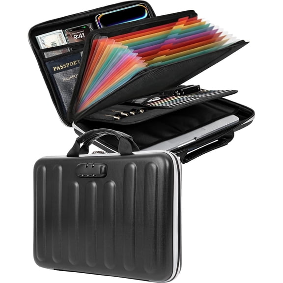 Fireproof Document Box, Hard Case Organizer with Lock, 13 Pockets Accordion File Folder Reflective Strip, Waterproof Safe Box for Important Documents & Valuables Storage, Black