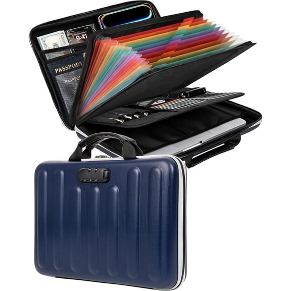 Fireproof Document Box, Hard Case Organizer with Lock, 13 Pockets Accordion File Folder Reflective Strip, Waterproof Safe Box for Important Documents & Valuables Storage, Deepblue