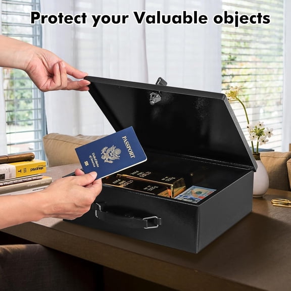 Fireproof Document Box with Key Lock, Large Safe Storage Box for Valuables, Fire Resistance Security Chest, Lock Box for Passport, Cash, Tablet 12.9'' x 10.7'' x 4.2'' Black