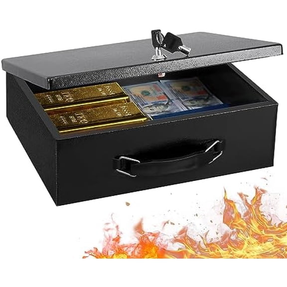 Fireproof Document Box with Key Lock, Large Safe Storage Box for Valuables, Fire Resistance Security Chest, Lock Box for Passport, Cash, Tablet 12.9'' x 10.7'' x 4.2'' Black