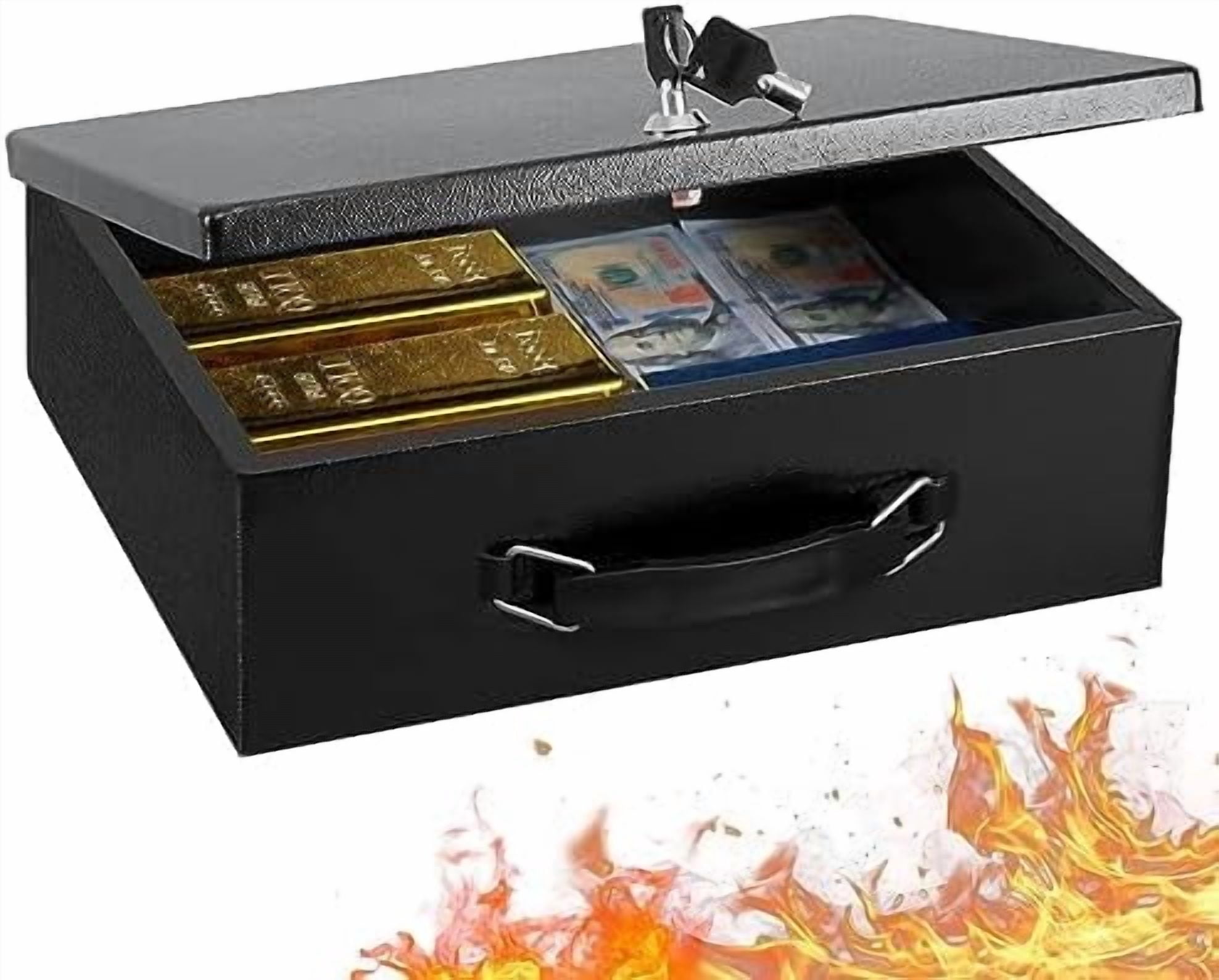Fireproof Document Box with Key Lock, Large Safe Storage Box for Valuables, Fire Resistance Security Chest, Lock Box for Passport, Cash, Tablet 12.9'' x 10.7'' x 4.2'' Black
