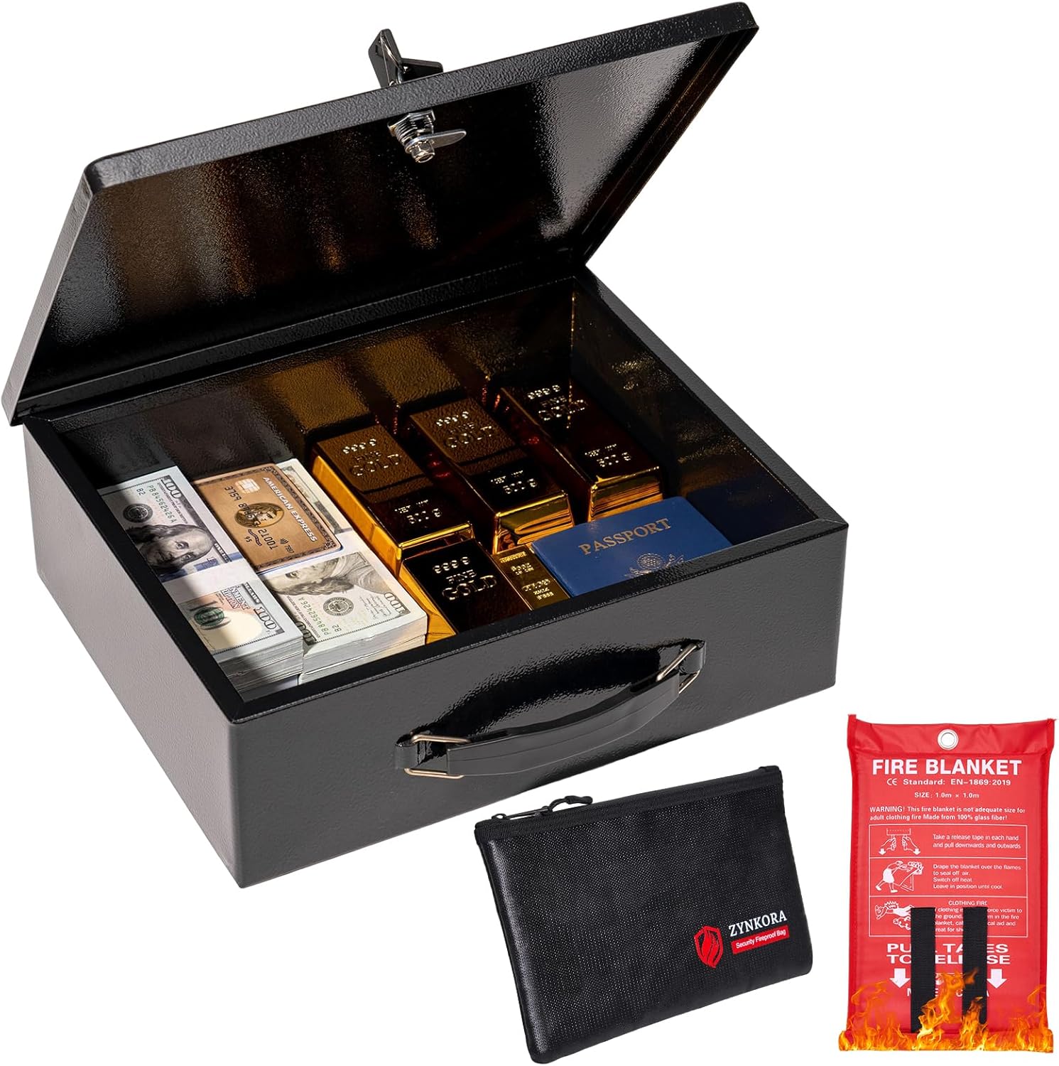 Fireproof Document Box with Key Lock & Fireproof Money Bag & Fire