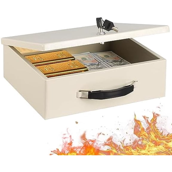Fireproof Document Box with Key Lock, Safe Storage Box for Valuables, Fire Resistance Security, Fireproof Lock Box for Passport, Cash, Tablet 13.2'' x 11'' x 4.13'' Beige