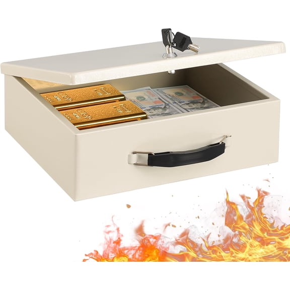 Fireproof Document Box with Key Lock, Safe Storage Box for Valuables, Fire Resistance Security, Fireproof Lock Box for Passport, Cash, Tablet 13.2'' x 11'' x 4.13'' Beige