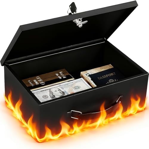 Fireproof Document Box with Key Lock, Small Lock Boxes for Personal Items, Fire and Water Resistance, Fireproof Safe Box for Documents, Jewelry, Passport, Cash, 12.6'' x 8.3'' x 4.3'' Black