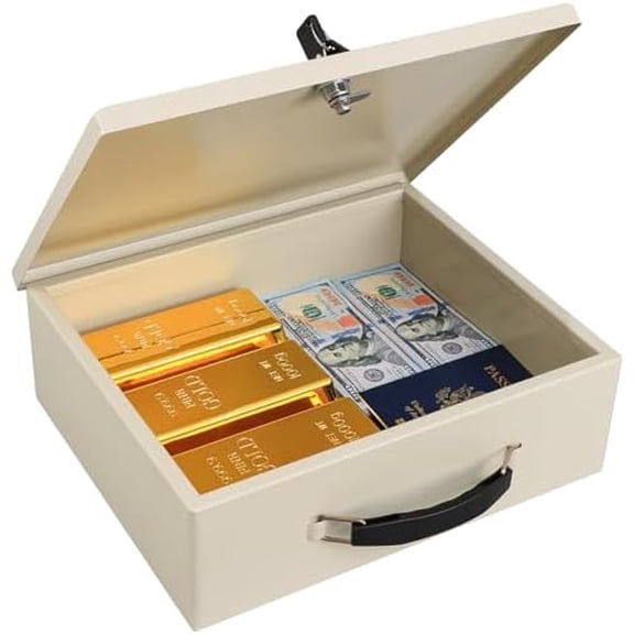 Fireproof Document Box with Key Lock, Small Safe Box for Valuables, Fire and Water Resistance, Fireproof Lock Box for Passport, Cash, Tablet, Exterior 12.8'' x 8.4'' x 4.5'' Beige