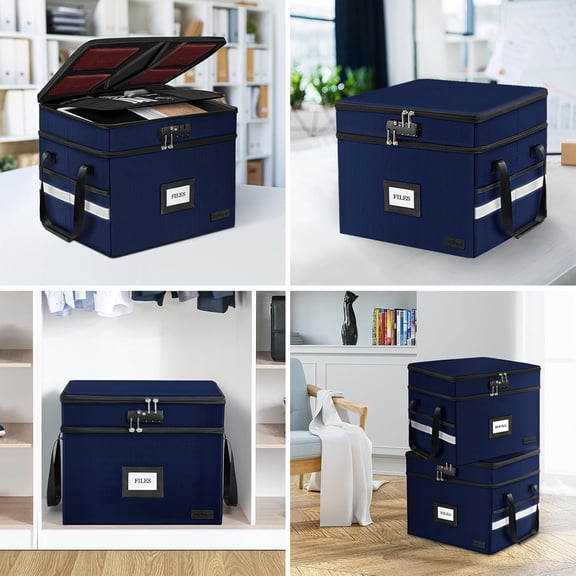 Fireproof Document Box with Lock, 2-Layer File Box Storage Organizer with 5 Tabs& Insert, Portable File Cabinet Storage Box with Handle for Hanging Letter,Legal Size Folder,Certificate, Blue