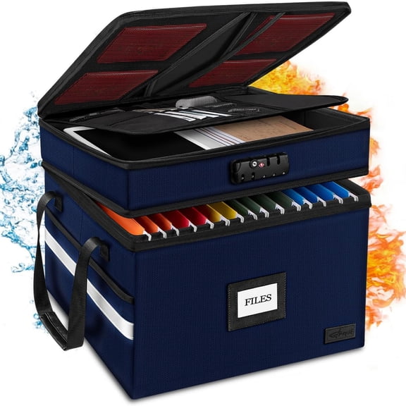 Fireproof Document Box with Lock, 2-Layer File Box Storage Organizer with 5 Tabs& Insert, Portable File Cabinet Storage Box with Handle for Hanging Letter,Legal Size Folder,Certificate, Blue