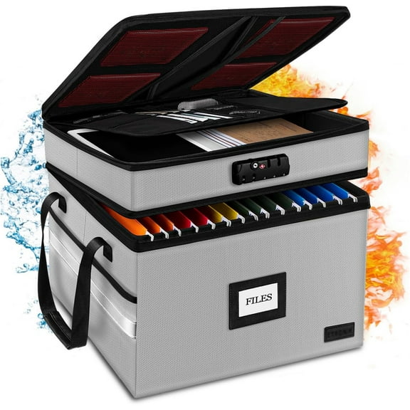 Fireproof Document Box with Lock, 2-Layer File Box Storage Organizer with 5 Tabs& Insert, Portable File Cabinet Storage Box with Handle for Hanging Letter/Legal Size Folder/Certificate, Silver Grey