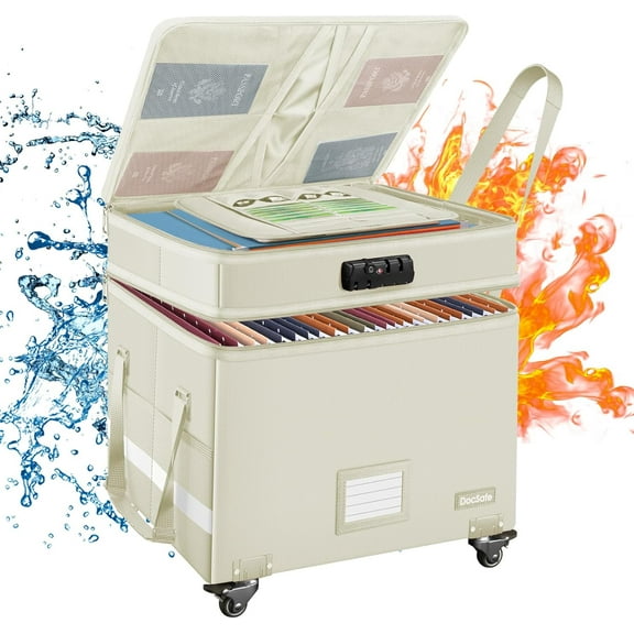 Fireproof Document Box with Lock,2-Layer File Box with Wheels,Collapsible File Storage Organizer with Pockets,Large Portable Home Filing Cabinet for Hanging Folders,Black