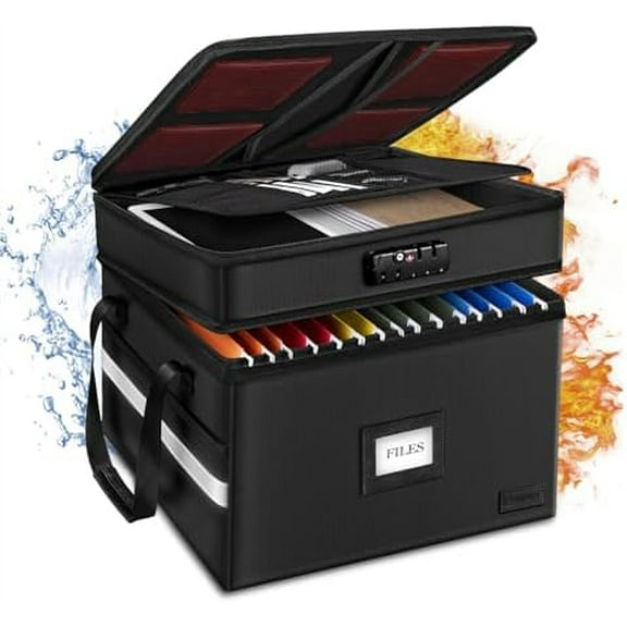 Fireproof Document Box with Lock, 2 Layer File Cabinet Organizer with 5 Tab Inserts, Portable Office Collapsible File Storage with Reflective Strip for Hanging Letter, Legal Size Folder