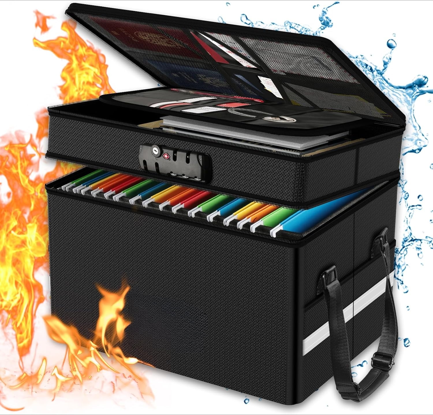 Fireproof Document Box with Lock, 2 Layer Fire Proof File Box for Documents with Handle, Portable Home Office Fire Safe Document Box for Hanging Letter/Legal Folder/Certificate