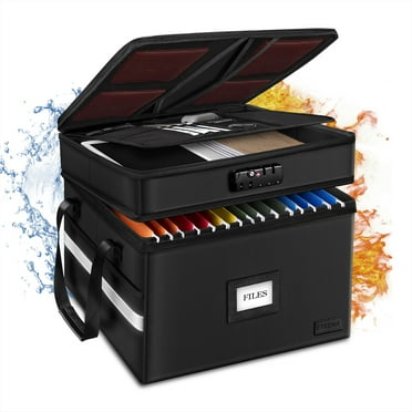 Fireproof Document Box with Lock – 2-Layer Portable File Organizer for Hanging Letter/Legal Folders, Collapsible Office Storage with Reflective Strip & 5 Tab Inserts