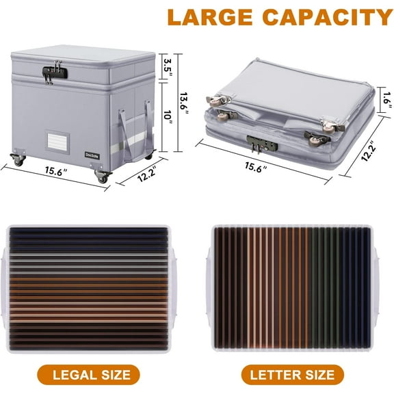 Fireproof Document Box with Lock, 2-Layer Rolling File Storage Organizer with Wheels, Large Portable Home Office Filing Cabinet Safe for Hanging Folders, Silver
