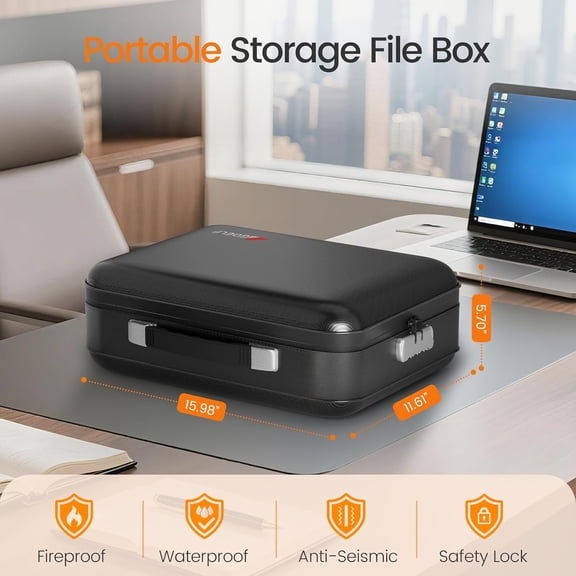 Fireproof Document Box with Lock, 5200 ° F Fireproof Water Resistant Hard Case File Organizer Safe Box for Important Documents, Certificates, Laptop, Passports (Black)