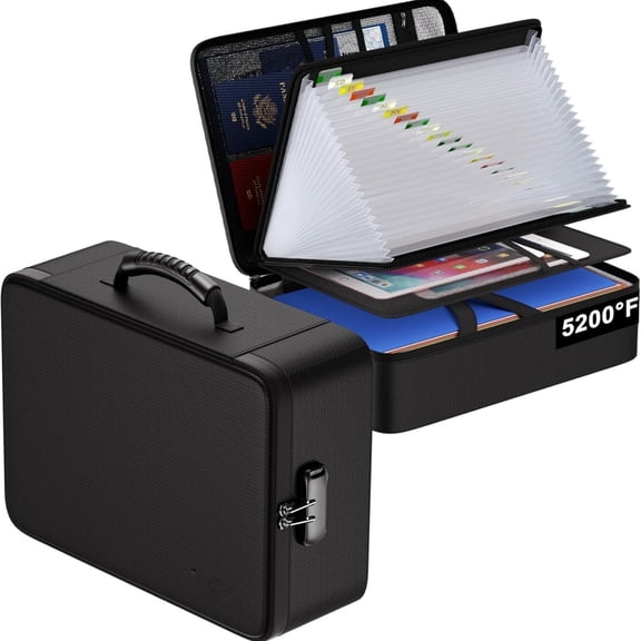 Fireproof Document Box with Lock,5200 Soft Case Fireproof Box with 25 Pocket Accordion File Folder,Multi-Layer Fireproof Water Resistant File Organizer Storage for Important Documents,Laptop