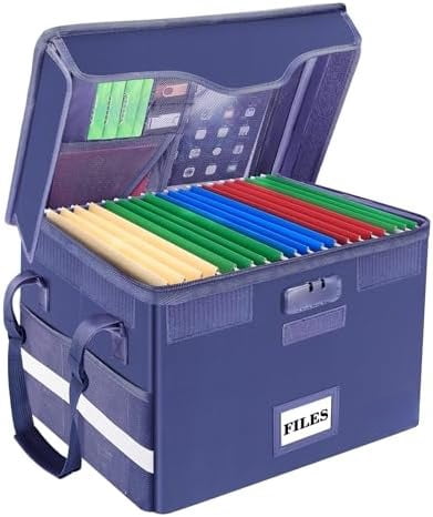 Fireproof Document Box with Lock, File Storage Organizer with Mesh Pockets, Collapsible Portable File Box Home Office Safe Filing Cabinet with Handle for Hanging Letter/Legal Folder, Blue