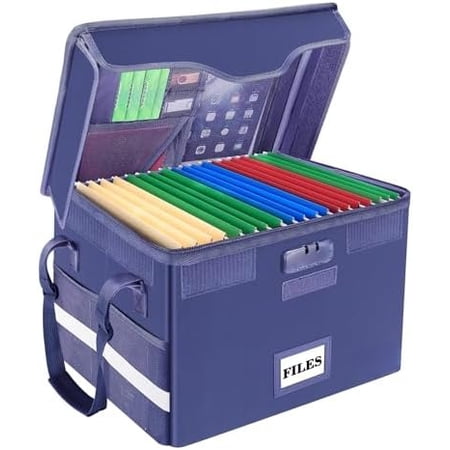 Fireproof Document Box with Lock, File Storage Organizer with Mesh Pockets, Collapsible Portable File Box Home Office Safe Filing Cabinet with Handle for Hanging Letter/Legal Folder, Blue