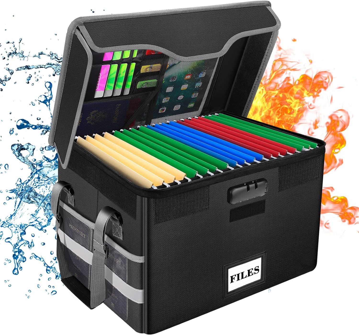 Fireproof Document Box with Lock, File Storage Organizer with Mesh Pockets, Collapsible Portable File Box Home Office Safe Filing Cabinet with Handle for Hanging Letter/Legal Folder, Black