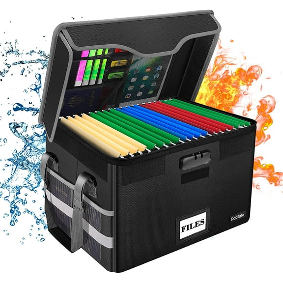 Fireproof Document Box with Lock, File Storage Organizer with Mesh Pockets, Collapsible Portable File Box Home Office Safe Filing Cabinet with Handle for Hanging Letter/Legal Folder, Black