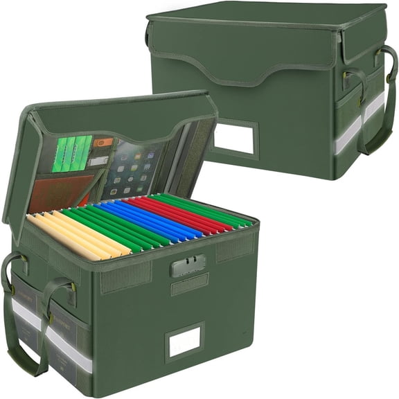 Fireproof Document Box with Lock,File Storage Organizer with Pockets,Collapsible Portable File Box Home Office Filing Cabinet with Handle for Hanging Letter/Legal Folders,Green,2 Pack