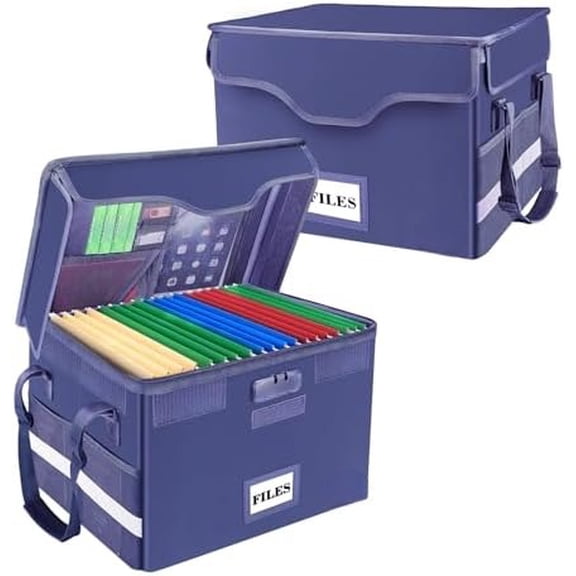 Fireproof Document Box with Lock,File Storage Organizer with Pockets,Collapsible Portable File Box Home Office Safe Filing Cabinet with Handle for Hanging Letter/Legal Folders,Blue,2 Pack