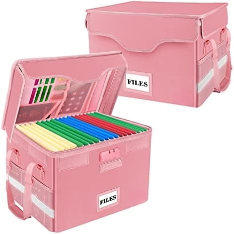 Fireproof Document Box with Lock,File Storage Organizer with Pockets,Collapsible Portable File Box Home Office Safe Filing Cabinet with Handle for Hanging Letter/Legal Folders,Pink,2 Pack