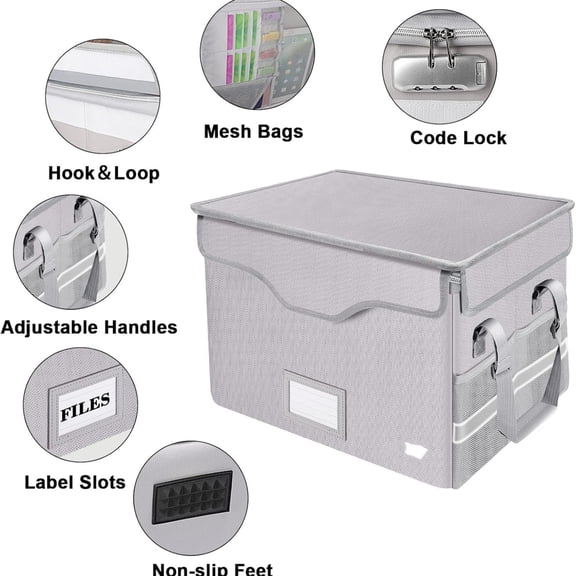 Fireproof Document Box with Lock,File Storage Organizer with Pockets,Collapsible Portable File Box Home Office Safe Filing Cabinet with Handle for Hanging Letter/Legal Folders,Silver,2 Pack
