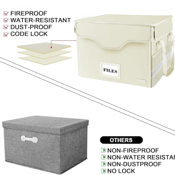 Fireproof Document Box with Lock,File Storage Organizer with Zipper Pockets,Collapsible Portable File Box Home Office Safe Filing Cabinet with Handle for Hanging Letter/Legal Folders,Beige