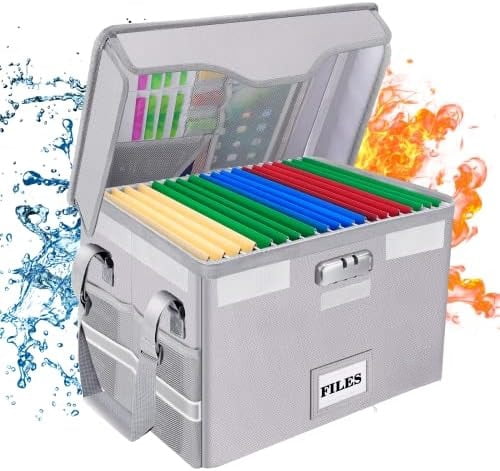 Fireproof Document Box with Lock,File Storage Organizer with Zipper Pockets,Collapsible Portable File Box Home Office Safe Filing Cabinet with Handle for Hanging Letter/Legal Folder,Silver