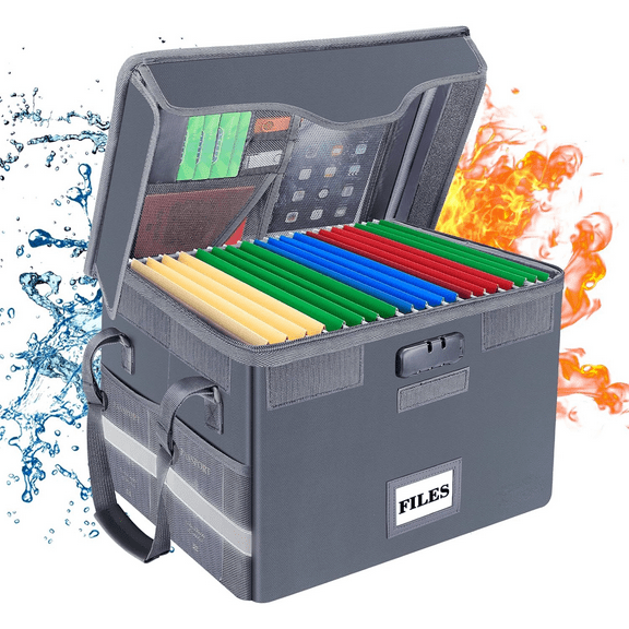 Fireproof Document Box with Lock,File Storage Organizer with Zipper Pockets,Collapsible Portable File Box Home Office Safe Filing Cabinet with Handle for Hanging Letter/Legal Folders,Gray