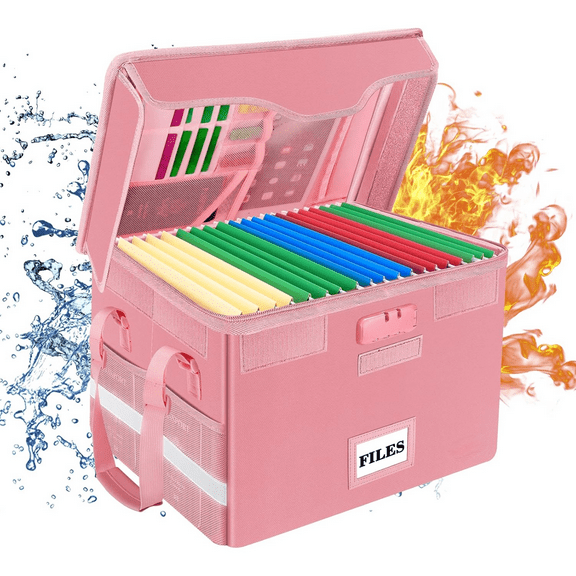 Fireproof Document Box with Lock,File Storage Organizer with Zipper Pockets,Collapsible Portable File Box Home Office Safe Filing Cabinet with Handle for Hanging Letter/Legal Folder,Pink