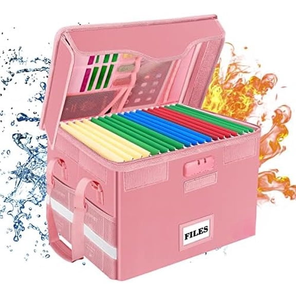 Fireproof Document Box with Lock,File Storage Organizer with Zipper Pockets,Collapsible Portable File Box Home Office Safe Filing Cabinet with Handle for Hanging Letter/Legal Folder,Pink