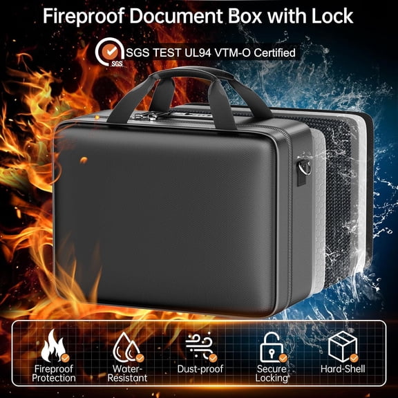 Fireproof Document Box with Lock, Fireproof Water Resistant Hard Case File Organizer Safe Box with Multi Pockets, Protects Important Documents Certificates Laptop Passports (Black)